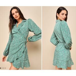 Lulus Dress Womens Size XS Totally Cute Time Green Floral Collared Wrap Mini NEW